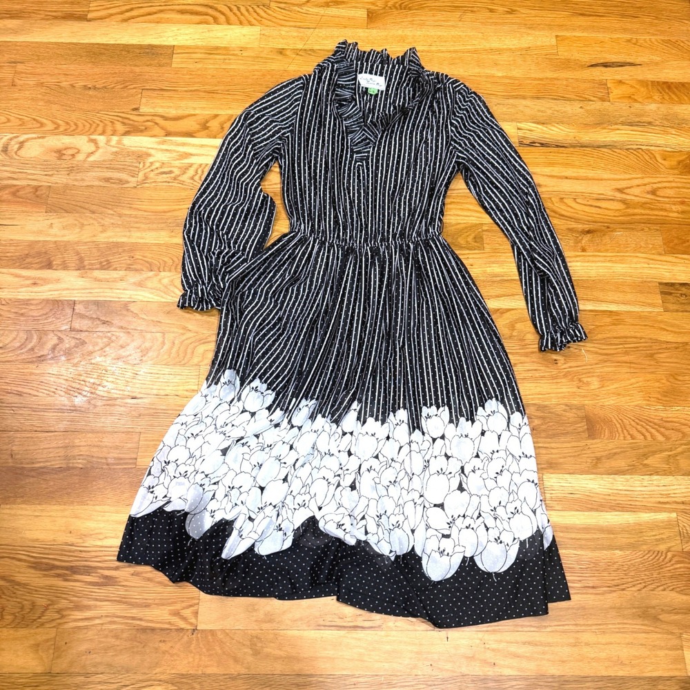 Vintage Lady Page Susan Page Black White Striped Floral Tulip Midi Dress Size 10